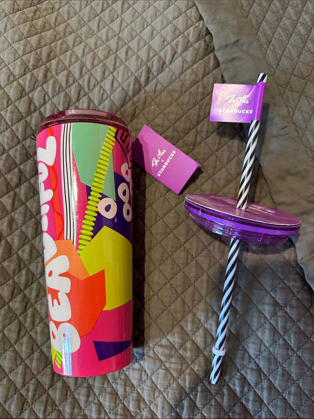 NWT Shae Anthony Starbucks Bright Multicolor Tumbler with Purple Lid and Straw